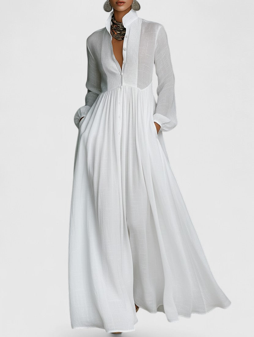 Veronica | Maxi Minimalist in Cotton and Linen with Patchwork, High Collar and Long Sleeves Sarah’s Austin Avenue