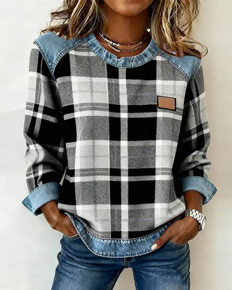 Fashionable Sweatshirt with Checkered Patchwork Sarah’s Austin Avenue