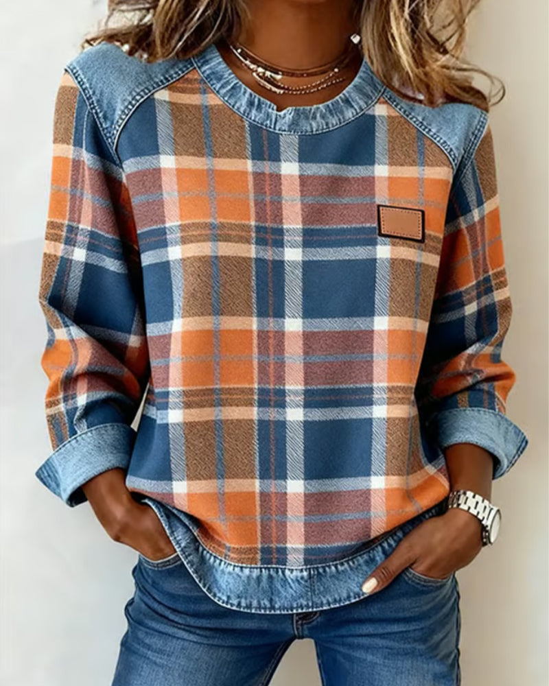 Fashionable Sweatshirt with Checkered Patchwork Sarah’s Austin Avenue