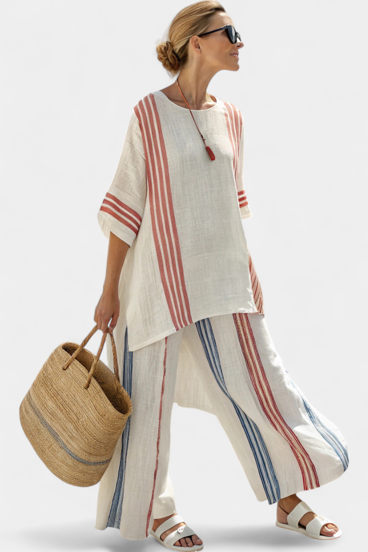 Solvane | Sophisticated Multicolor Striped Top & Mediterranean Pants Sarah’s Austin Avenue