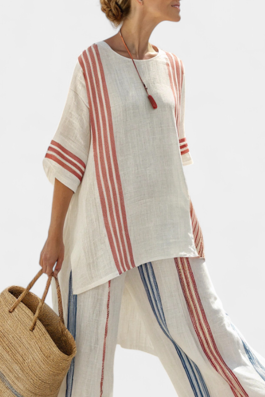 Solvane | Sophisticated Multicolor Striped Top & Mediterranean Pants Sarah’s Austin Avenue