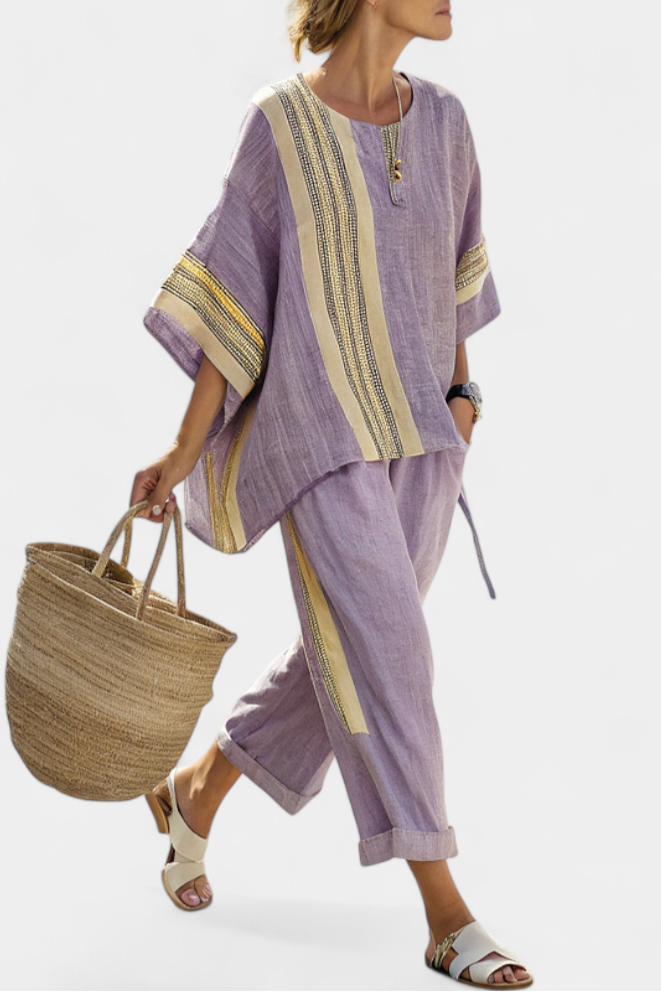 Elowric | Elegant Lavender Top & Mustard Striped Pants Sarah’s Austin Avenue