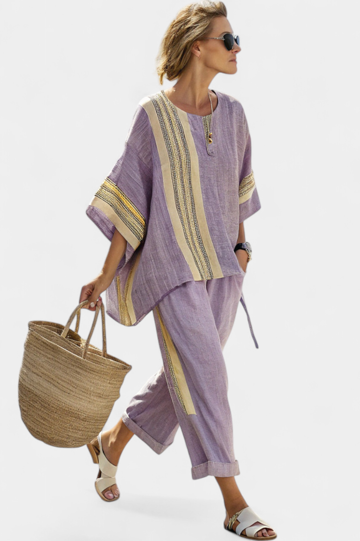 Elowric | Elegant Lavender Top & Mustard Striped Pants Sarah’s Austin Avenue