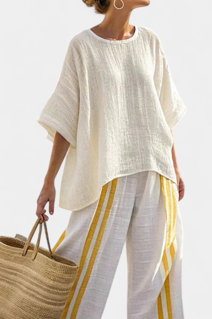 Anselor | Elegant Yellow Striped Linen Top & Wide-Leg Pants Sarah’s Austin Avenue