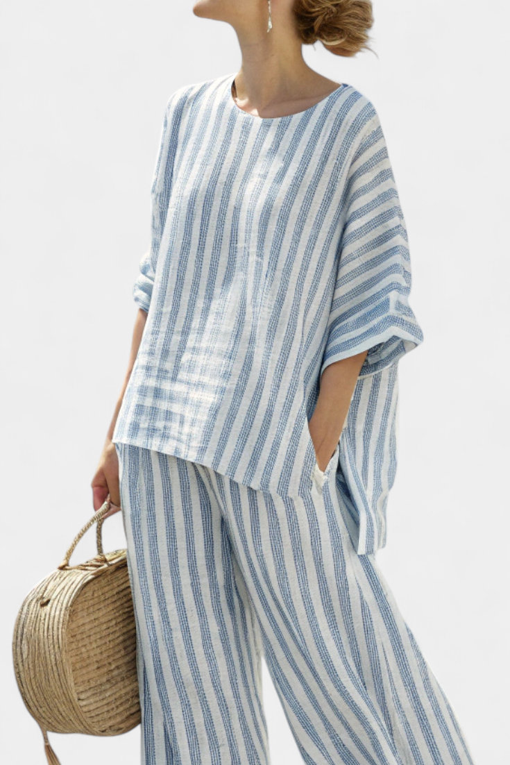 Rensleigh | Sophisticated Blue Striped Linen Top & Relaxed Pants Sarah’s Austin Avenue
