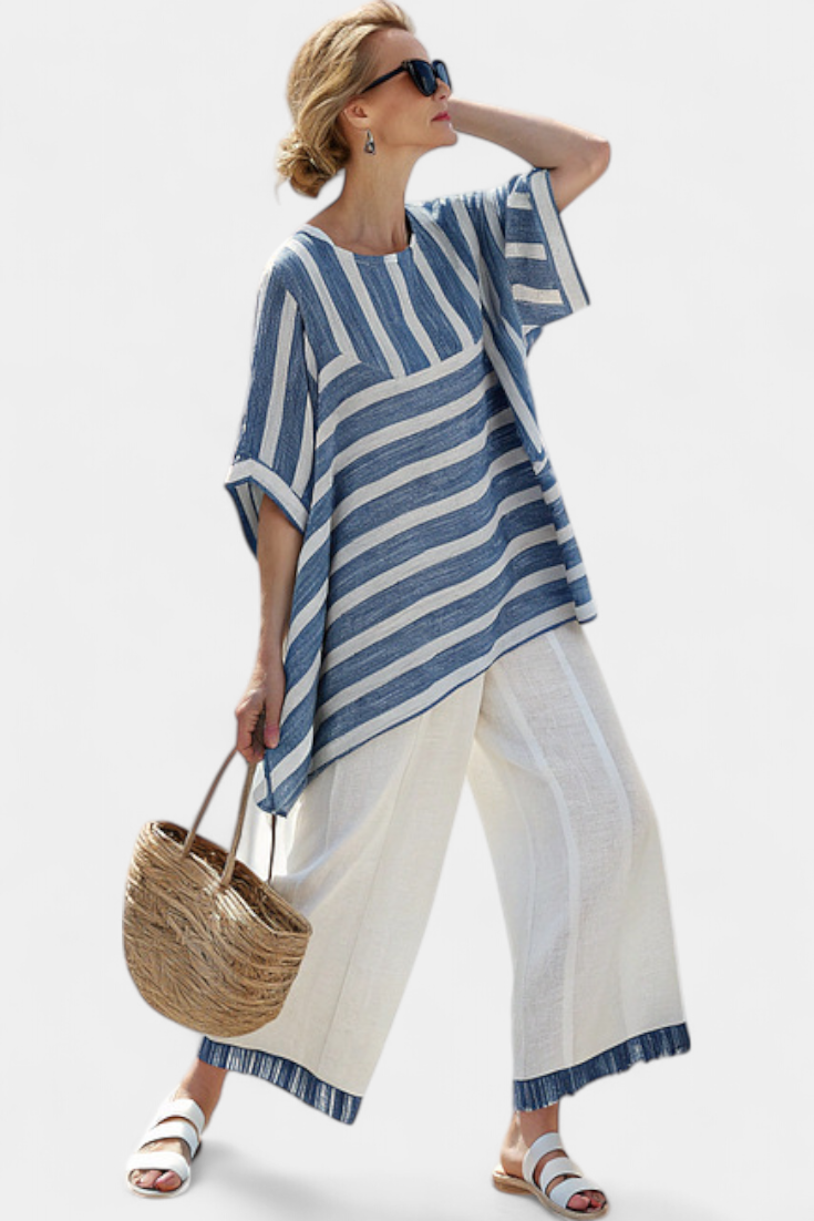 Corvielle | Sophisticated Blue Striped Top & Hem-Detailed Pants Sarah’s Austin Avenue