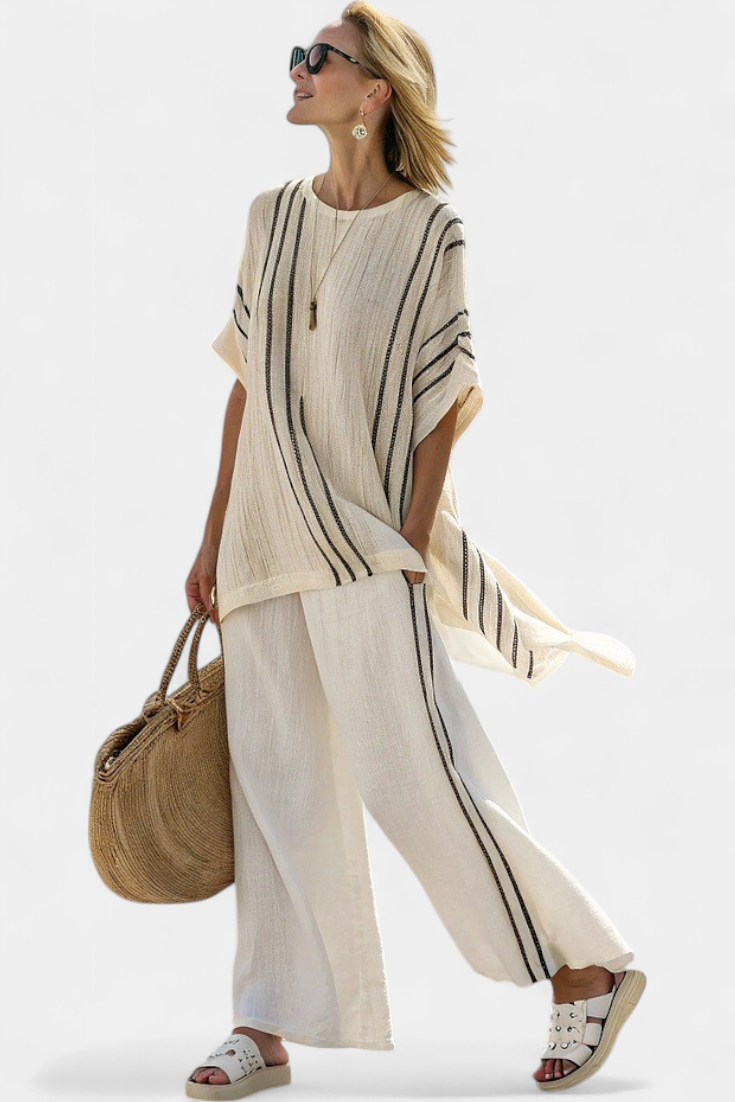 Greysen | Elegant Ivory Linen Blouse & Black Striped Pants Sarah’s Austin Avenue