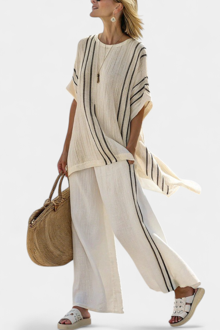 Greysen | Elegant Ivory Linen Blouse & Black Striped Pants Sarah’s Austin Avenue