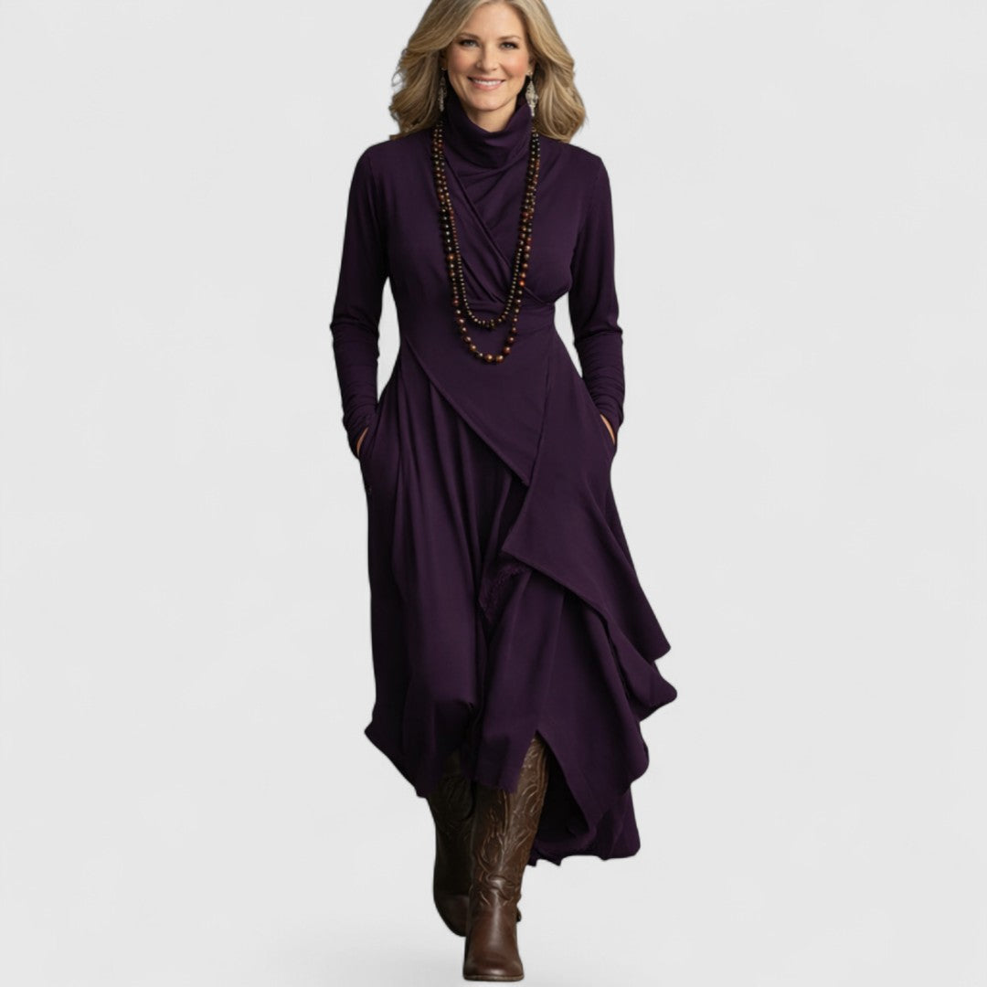 Purple High neck Asymmetrical Pleated Maxi Dress Sarah’s Austin Avenue
