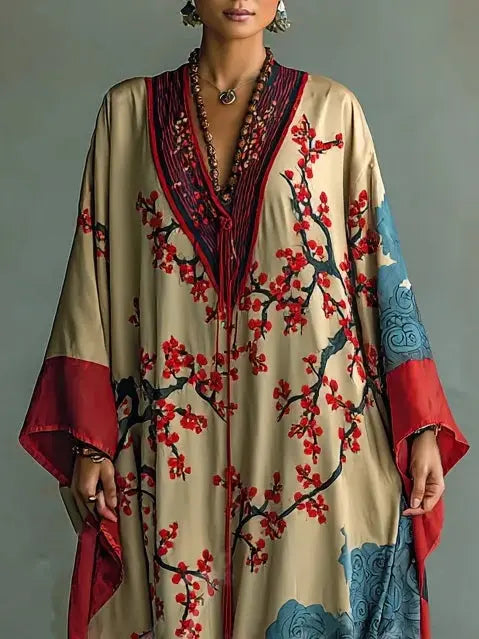 Japanese Red Plum Blossom Print Batwing Sleeve Maxi Dress Sarah’s Austin Avenue