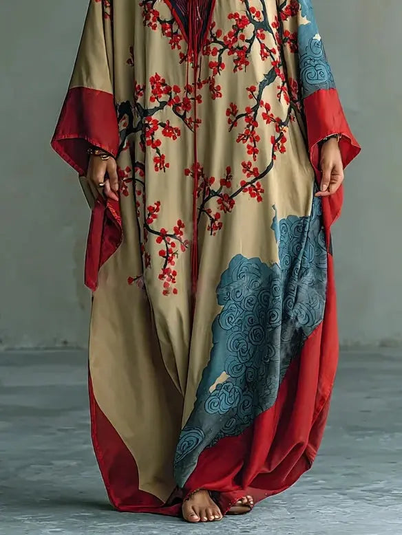 Japanese Red Plum Blossom Print Batwing Sleeve Maxi Dress Sarah’s Austin Avenue