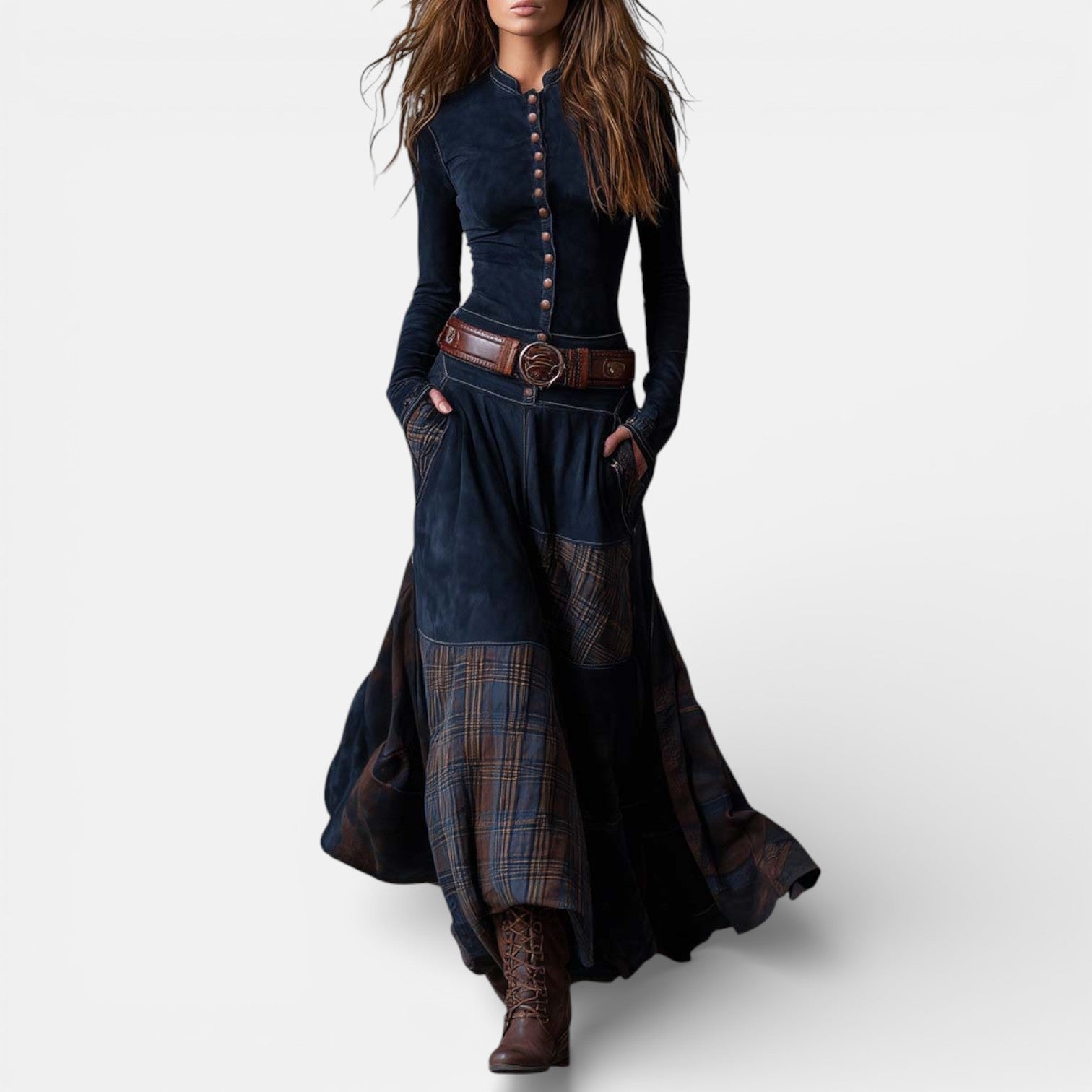 Leonora | Vintage Long Dress in Navy Blue Suede Check (Includes Belt) Sarah’s Austin Avenue
