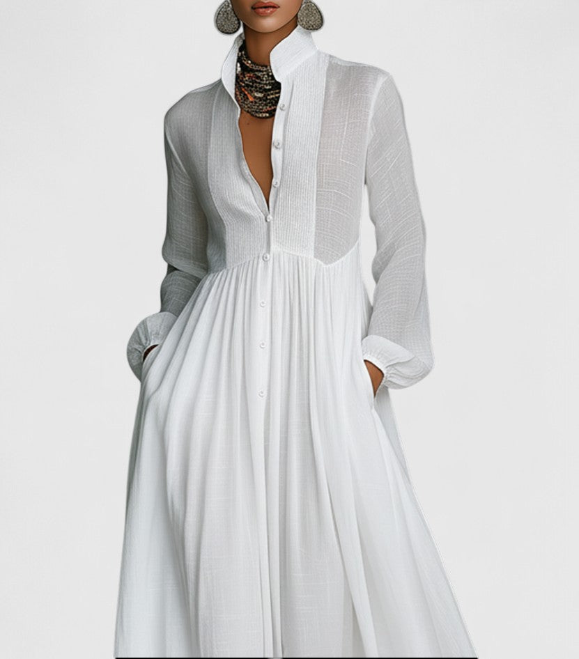 Veronica | Maxi Minimalist in Cotton and Linen with Patchwork, High Collar and Long Sleeves Sarah’s Austin Avenue