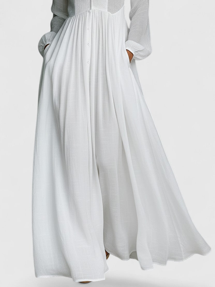 Veronica | Maxi Minimalist in Cotton and Linen with Patchwork, High Collar and Long Sleeves Sarah’s Austin Avenue