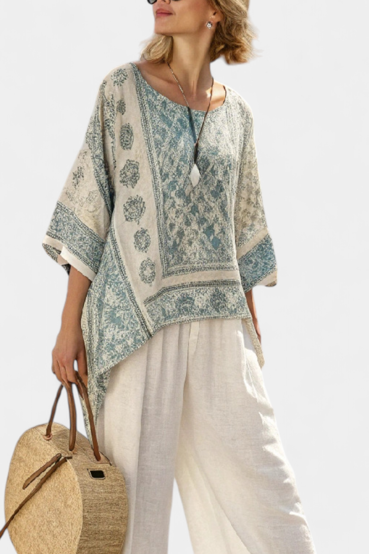 Quinley | Comfortable Printed Blouse & Wide-Leg White Pants Sarah’s Austin Avenue