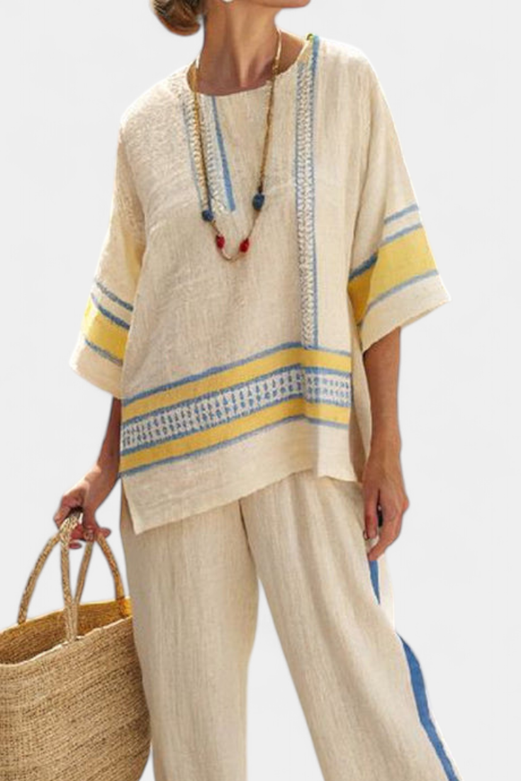 Jaxmere | Comfortable Blue-Yellow Mediterranean Top & Linen Pants Sarah’s Austin Avenue