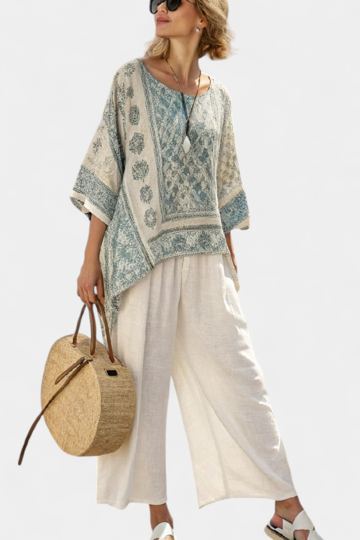 Quinley | Comfortable Printed Blouse & Wide-Leg White Pants Sarah’s Austin Avenue