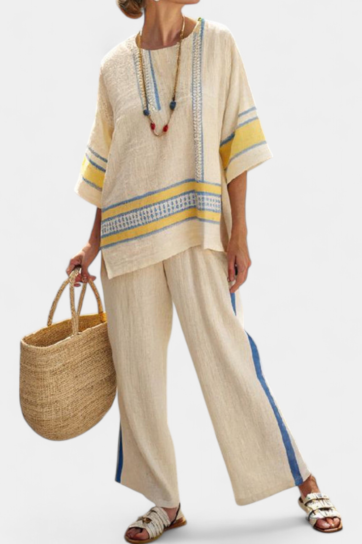Jaxmere | Comfortable Blue-Yellow Mediterranean Top & Linen Pants Sarah’s Austin Avenue